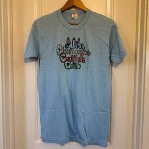 VTG Single Stitch Tshirt Blue I Like Champagne Cadillacs and Cash EUC Size M 80s
